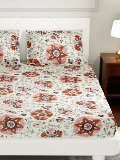 300 TC Block Printed Double Bed Sheet With 2 Pillow Covers (100% Cotton, King Size)