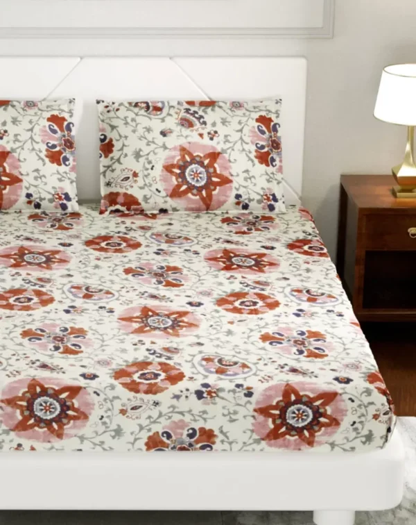 300 TC Block Printed Double Bed Sheet With 2 Pillow Covers (100% Cotton, King Size)