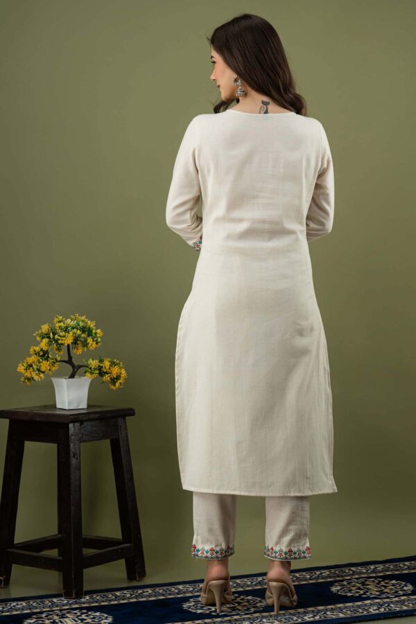 Women Hand Embroidered Kurti with Pant Set (Cotton Flex, White)