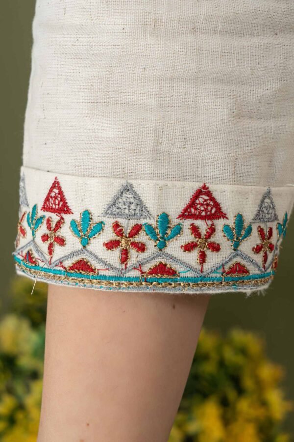 Women Hand Embroidered Kurti with Pant Set (Cotton Flex, White)