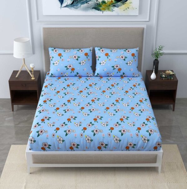 Soft Floral 160 TC Poly Cotton Double Bed Sheet Set, Blue Gray
