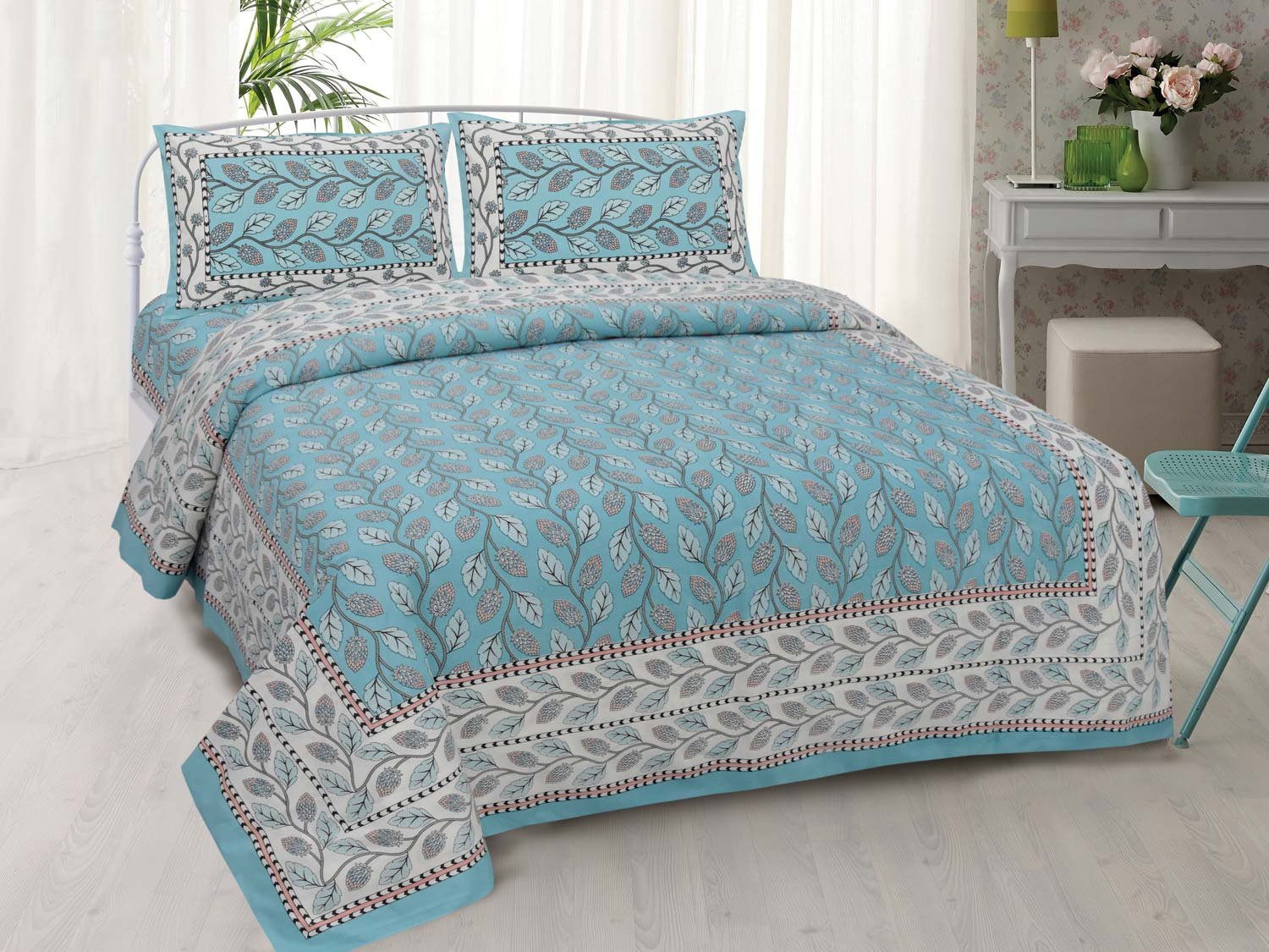 Bright Blue Double Bed Sheet Cotton Fabric 210 TC