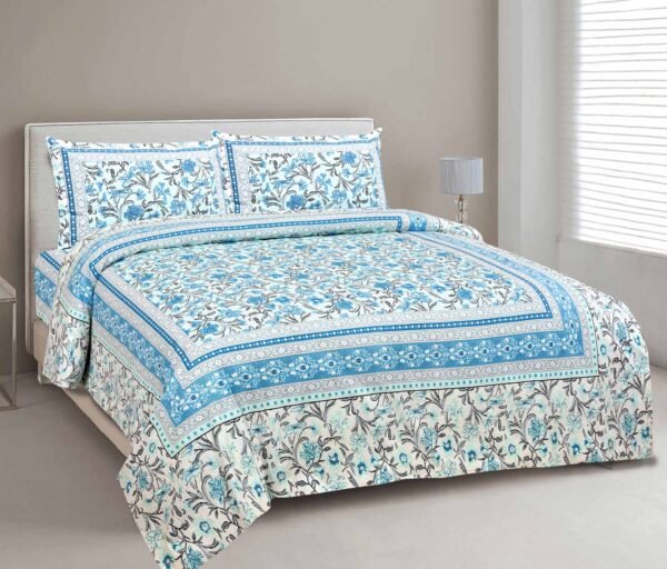 Ethnic Floral 1 Double and 1 Single Bedsheet Combo (100% Cotton, Sky Blue)