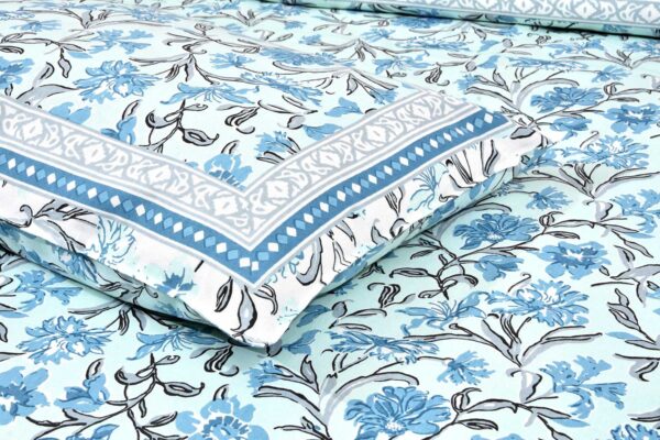 Ethnic Floral 1 Double and 1 Single Bedsheet Combo (100% Cotton, Sky Blue)
