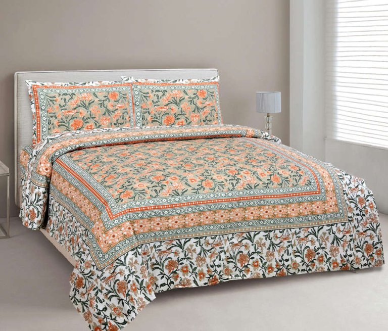 Ethnic Jaipuri- Cotton Double Bed Sheet with 2 Pillow Covers (Orange)