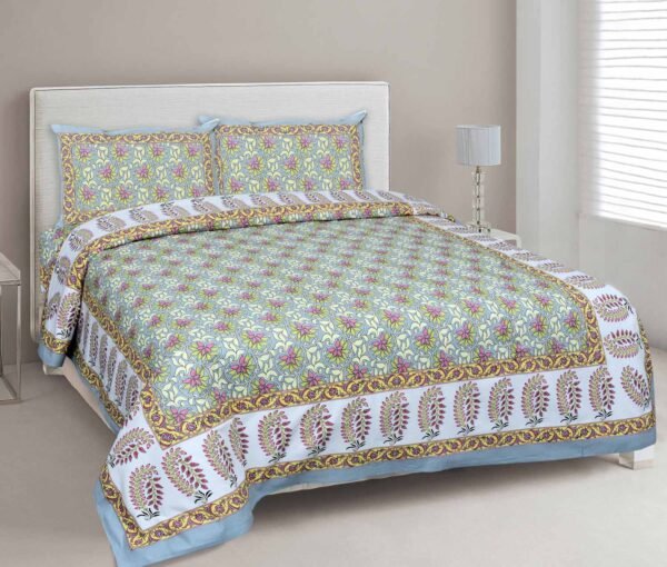 Elegance- Double Bedsheet Set (100% Cotton, Green base)