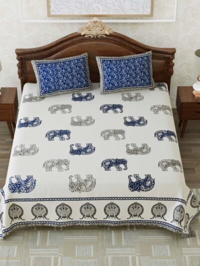 Elite- Urban Jaipur Hathi Printed Double King Size Bedsheet, Blue