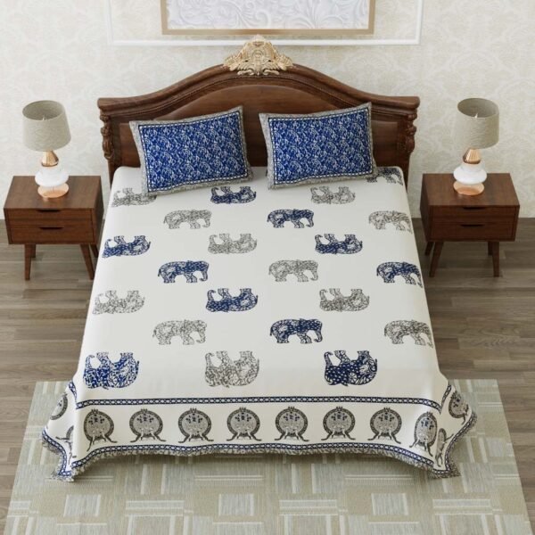 Elite- Urban Jaipur Hathi Printed Double King Size Bedsheet, Blue