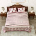 Divine – Floral Print, Block Printed King Size Bedsheet With 2 Pillow Covers (Red, White 100% Cotton)