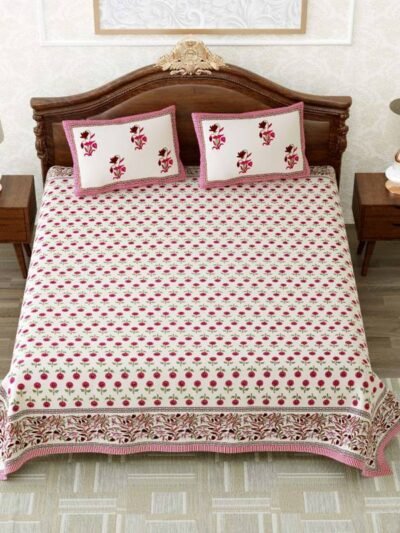 Divine – Floral Print, Block Printed King Size Bedsheet With 2 Pillow Covers (Red, White 100% Cotton)