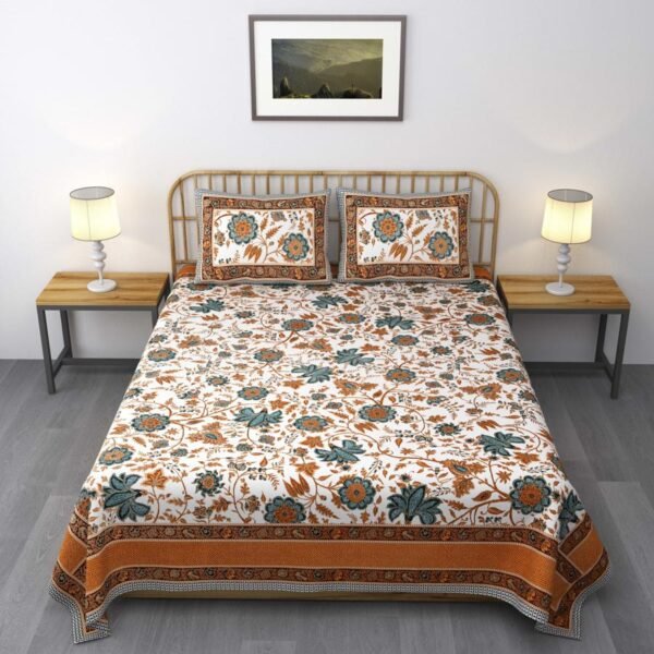 Jaipuri Gold Pure Cotton Double Bed Sheet King Size-Sea Green, Orange