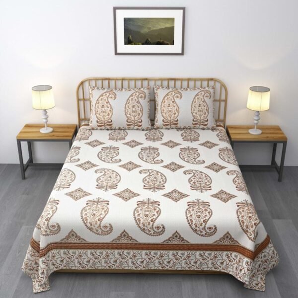 Jaipuri Gold Paisley Prints Camel Cotton Bed Sheet King Size