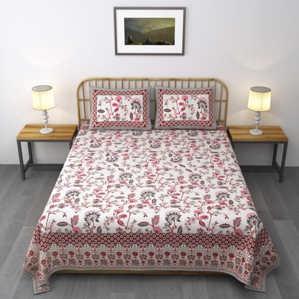 Jaipuri Print Pure Cotton Double Bed Sheet King Size - red,Pink