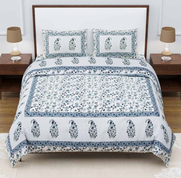 Blossom- Floral Print Cotton Double Bedsheet (100% Cotton, Blue)