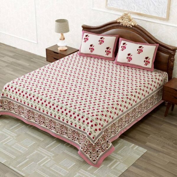 Divine – Floral Print, Block Printed King Size Bedsheet With 2 Pillow Covers (Red, White 100% Cotton) - side angle