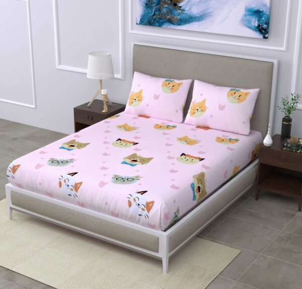 Cute Cat Prints Kids Bedsheet Set with Pillow Covers, Baby Pink