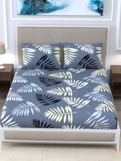 Floral Printed 160 TC Poly Cotton Double Bed Sheet Set, Gray