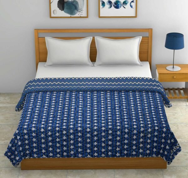 Geometric Print Double Size Dohar / AC Blanket (100% Cotton, Reversible) -Navy Blue