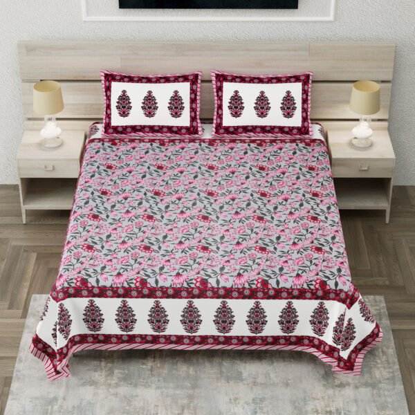 Divine- Jaipuri Prints 250 TC King Size Bed Sheet- (100% Cotton, Pink)