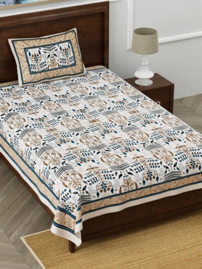 Jaipuri Print Blue Base 100% Cotton Single Bedsheet