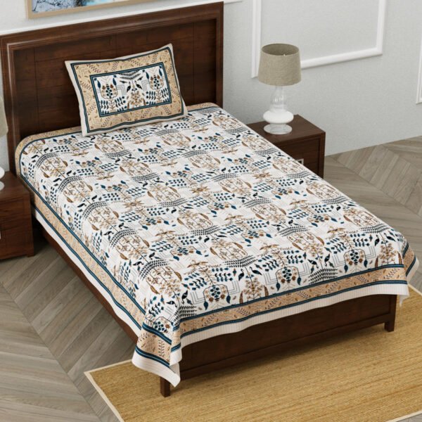 Jaipuri Print Blue Base 100% Cotton Single Bedsheet