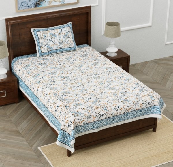 Blue Paisley Prints Single Bedsheet With Pillow Cover (Cotton)