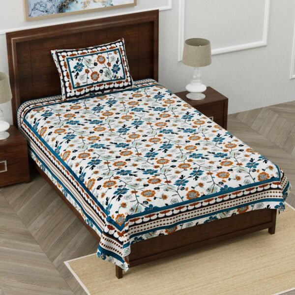 Blue Ethnic Floral Prints 210 TC Single Bedsheet With Pillow Cover (Cotton, Single Size)