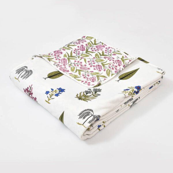 Handblock Leaf Print (100% Cotton, Reversible) Double Bed Dohar - Green, Blue
