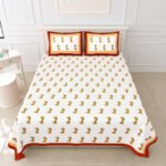 Giraffe Prints Kids Double Bedsheet with Pillow Covers (King Size, 100% Cotton) - Orange, Blue