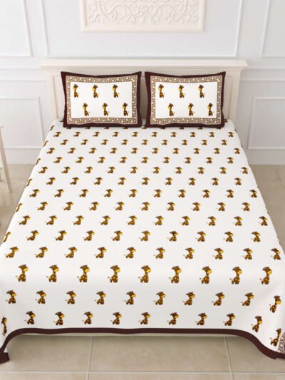 Giraffe Printed Kids Bedsheet with Pillow Covers (King Size, 100% Cotton) -Brown, Yellow