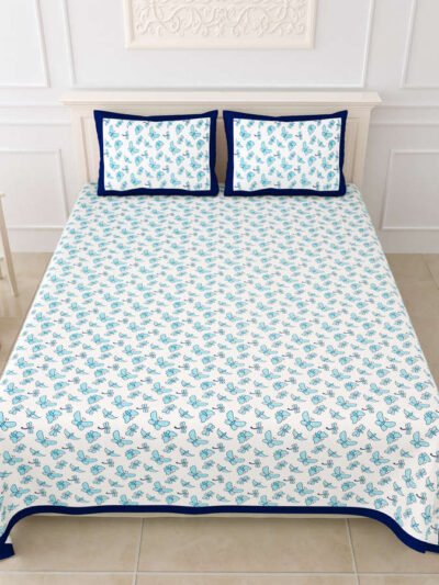 Butterfly Theme Double Bedsheet For Kids with Pillow Covers (King Size, 100% Cotton) - White, Blue