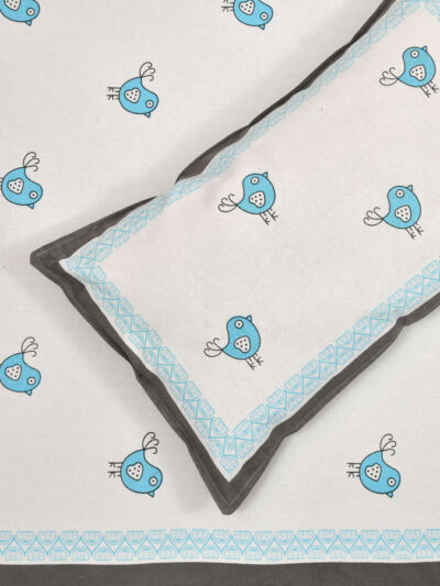 Little Birds Prints Kids Bedsheet with Pillow Covers (King Size, 100% Cotton) - Sky Blue, White