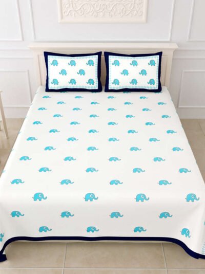 Jumbo Elephant Double Bedsheet For Kids with Pillow Covers (King Size, 100% Cotton) - White, Blue