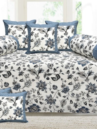 Floral Prints Cotton Diwan Sets with Bolster & Cushion Covers (Set of 8 pcs, Blue)
