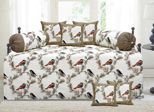 Cotton Birds Print Diwan Set with Bolster & Cushion Covers (Set of 8 pcs, Brown)