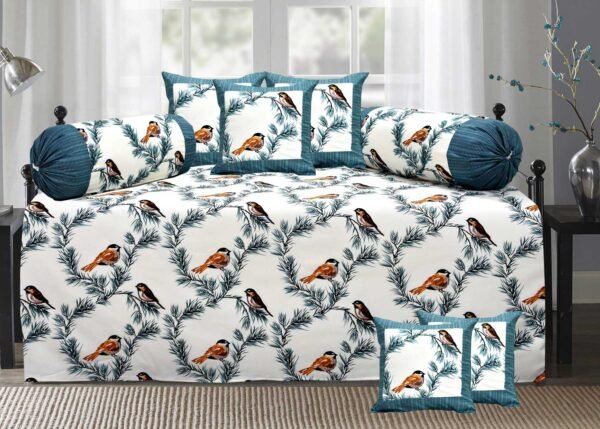 Cotton Birds Print Diwan set online Set with Bolster & Cushion Covers (Set of 8 pcs, Blue)