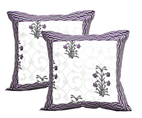 Jaipuri Diwan Bed Set with Bolster & Cushion Covers Cotton- Set of 8 Pieces, Violet, White