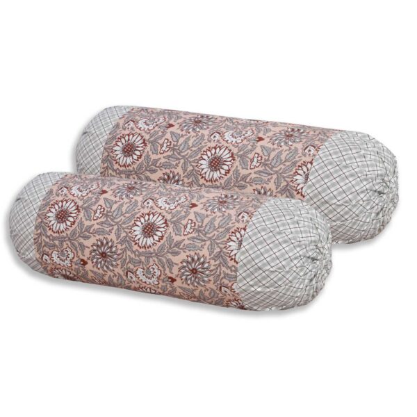 Floral Cotton Diwan Bed Sheet with Bolster & Cushion Covers- Set of 8 Pieces, Peach