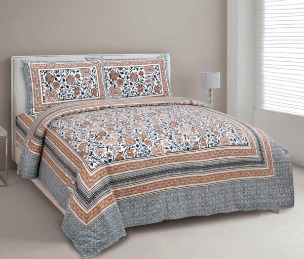 Ethnic Jaipuri- Cotton Double Bedsheet with 2 Pillow Covers (Brown, Grey, 90x108)