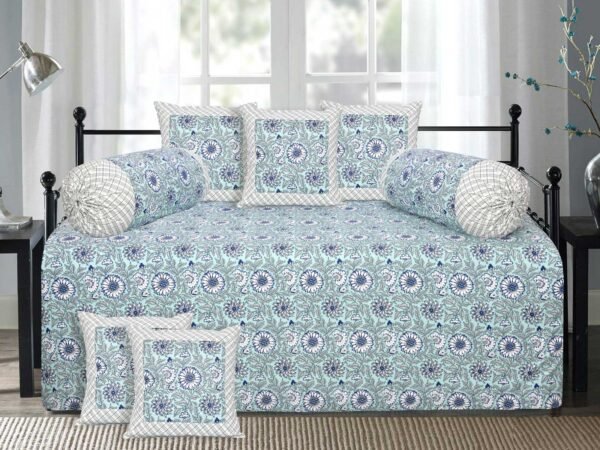 Floral Cotton Diwan Set with Bolster & Cushion Covers- Set of 8 Pieces, Blue