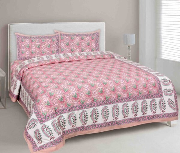 Ethnic Jaipuri- Floral Pure Cotton Double Bedsheet with 2 Pillow Covers (210 TC, 100% Cotton)