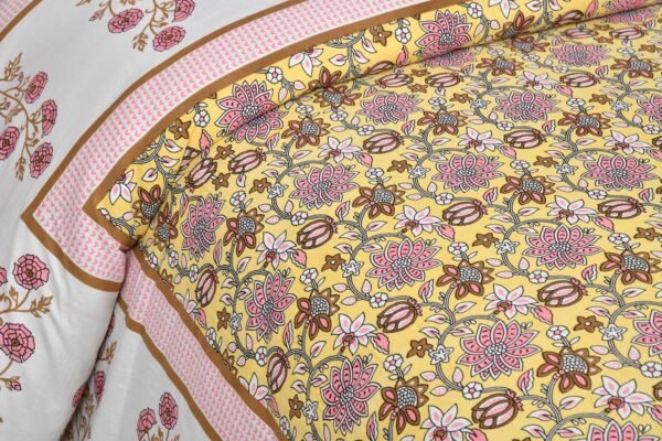 Lush Lotus Prints Double Bedsheet Set With 2 Pillow Covers (100% Cotton, Mustard)
