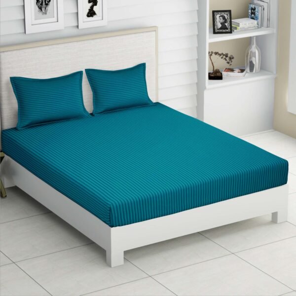 Turquoise Blue Striped Flat and Fitted 300 TC Cotton Satin King Size Bedsheet with Set Of Pillow Covers