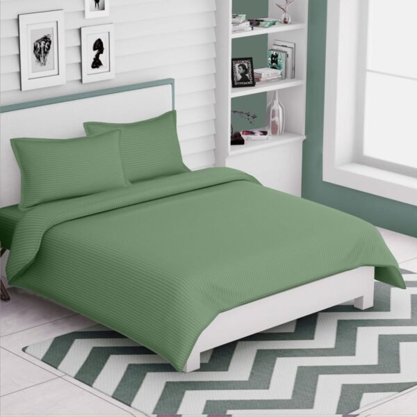Green Striped 300 TC Cotton Satin King Size Bedsheet with Set Of Pillow Covers