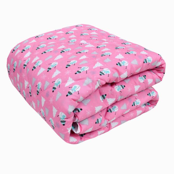 pink comforter, snowman printed comforter for kids in folded.