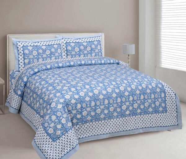 Jaipur Printed 210 TC Pure Cotton Double Bed Sheet with 2 Pillow Covers (Blue)
