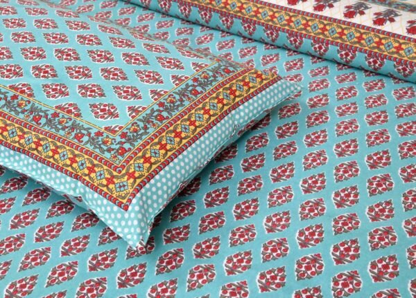 Ethnic Jaipuri- Double Bed Sheet with 2 Pillow Covers (100% Cotton, Sea Blue)