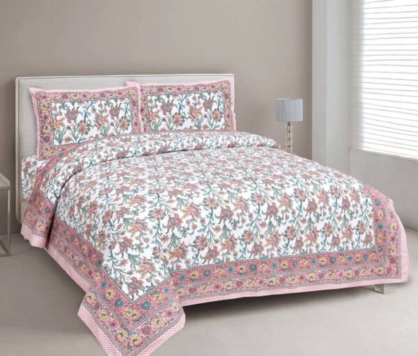 Baageecha - Floral Prints Cotton Double Bedsheet With 2 Pillow Covers (Pink Bordered)