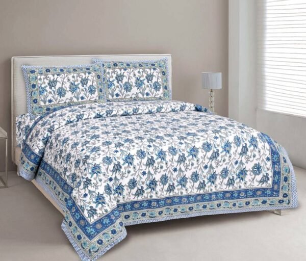 Baageecha - Floral Prints Cotton Double Bedsheet With 2 Pillow Covers (Blue Bordered)