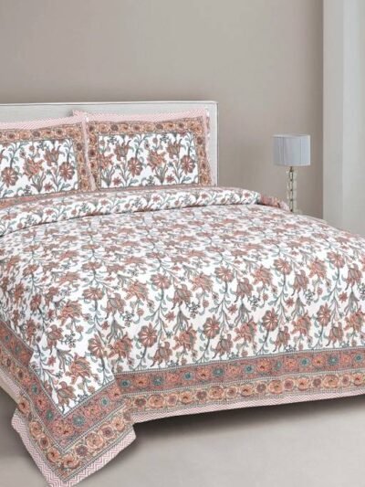 Baageecha - Floral Prints Cotton Double Bedsheet With 2 Pillow Covers (Peach Bordered)